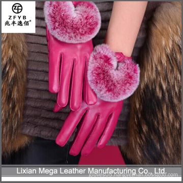 China Wholesale High Quality pink color leather gloves with fur cuff